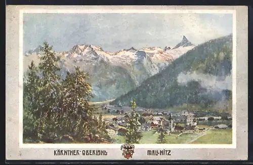 Künstler-AK Mallnitz /Kärnten, Gesamtansicht aus der Vogelschau, Wappen