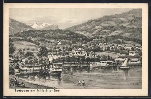 Künstler-AK Seeboden am Millstätter See, Ortsansicht vom Wasser aus, Dampfer