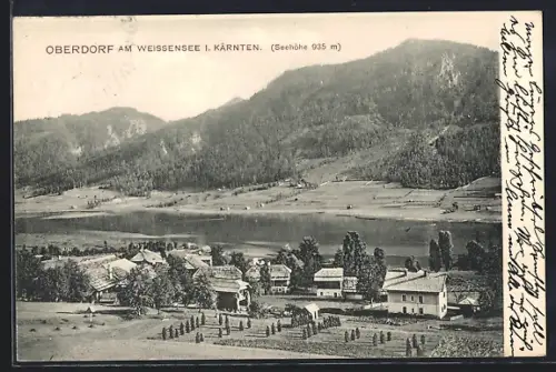 AK Oberdorf a. Weissensee, Totalansicht mit See und Bergen