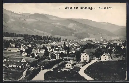 AK Kindberg, Totalansicht mit Brücke und Fernblick