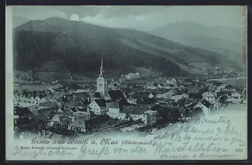 Mondschein-AK Bruck a. Mur, Gesamtansicht aus der Vogelschau