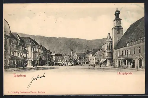 AK Leoben, Hauptplatz mit Säulendenkmal und Türmen