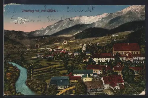 AK Neuberg an der Mürz, Ortsansicht mit Fluss und Bergen