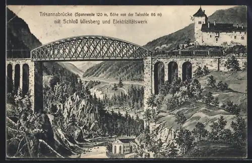 AK Wiesberg, Trisannabrücke mit Schloss Wiesberg und Elektrizitätswerk