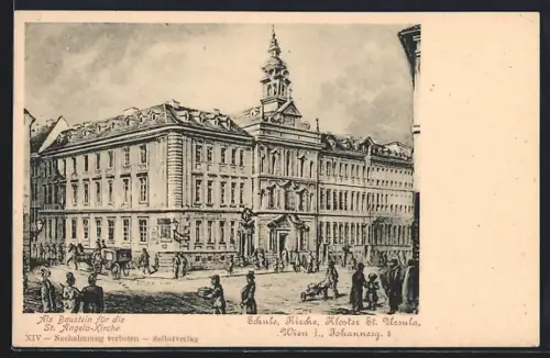 Künstler-AK Wien, Schule, Kirche, Kloster St. Ursula, Johannesgasse 8, Bausteinkarte für St. Angela-Kirche