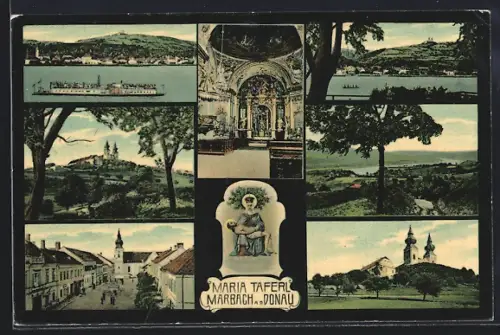 AK Marbach a. d. Donau, Maria Taferl, Ortspartie, Panorama mit Dampfer