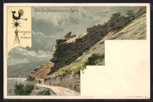 Lithographie Spitz, Die Teufelsmauer, Turmspitze von St. Johann