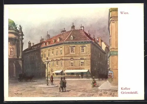 Künstler-AK Wien, Cafe Griensteidl in der Herrengasse mit Passanten, Pferdekutsche