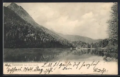 AK Bad Ischl, Partie am Nussensee, Panorama mit Bergen