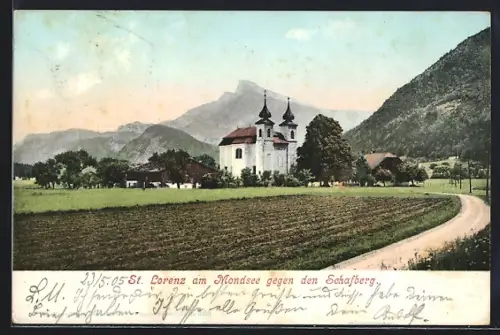AK St. Lorenz, Blick zum Ort am Mondsee gegen den Schafberg