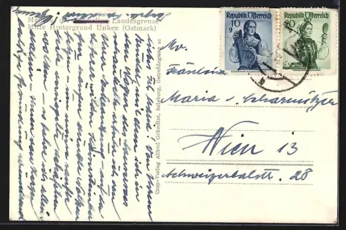 AK Melleck, Ehemalige Landesgrenze, Ortspartie mit Loferer Steinberge, Mitte Hintergrund Unken