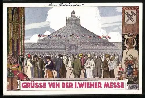 Künstler-AK Wien, 1. Wiener Messe 1921, Gäste vor dem Ausstellungsgelände