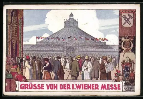 Künstler-AK Wien, 1. Wiener Messe, Gäste vor dem Ausstellungsgebäude