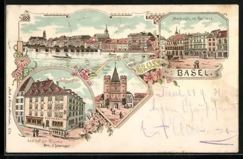 Lithographie Basel, Marktplatz mit Rathaus, Gasthof zur Blume, Spalentor, Strassenbahn