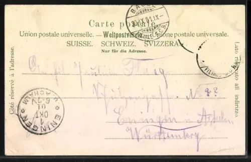 Lithographie Basel, Marktplatz mit Rathaus, Gasthof zur Blume, Spalentor, Strassenbahn