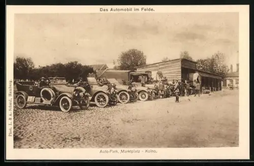 AK Kolno, Auto-Park auf dem Marktplatz, Soldaten in Uniform