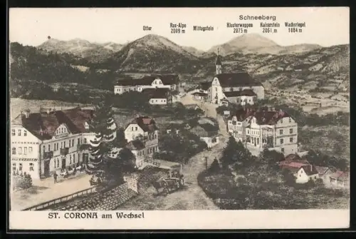AK St. Corona am Wechsel, Blick auf die Ortschaft mit Schneeberg