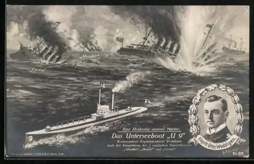 AK U-Boot U 9 unter Kapitänleutnant Weddigen versenkt 3 englische Panzerkreuzer