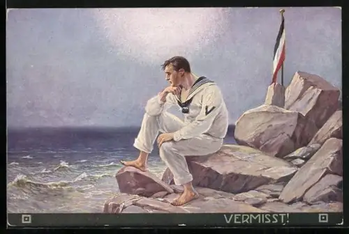 AK Matrose sitzt einsam an einer felsigen Küste und hält Ausschau nach seinem Kriegsschiff