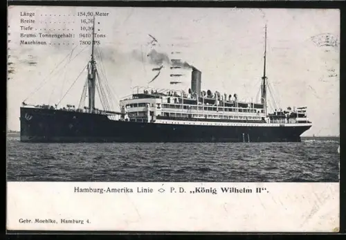 AK Passagierschiff König Wilhelm II in ruhiger See, Hamburg-Amerika-Linie