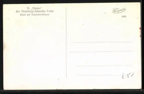 AK Passagierschiff Hansa der Hamburg-Amerika Linie, Halle der Touristen-Klasse