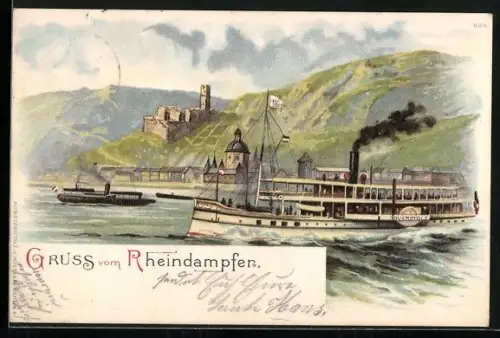 Lithographie Rheindampfer Overstolz fährt an einer Burg vorbei
