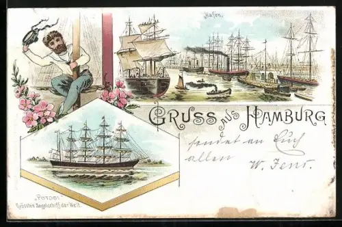 Lithographie Hamburg, Segelschiff Potosi im Hafen