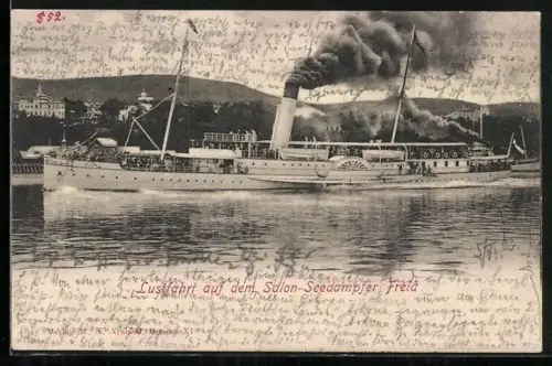 AK Lustfahrt auf dem Salon-Seedampfer Freia, Passagierschiff