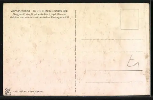 AK Passagierschiff Vierschrauben TS Bremen in Fahrt