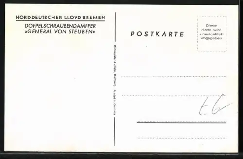 Künstler-AK Passagierschiff Doppelschraubendampfer General von Steuben in Fahrt, Norddeutscher Lloyd