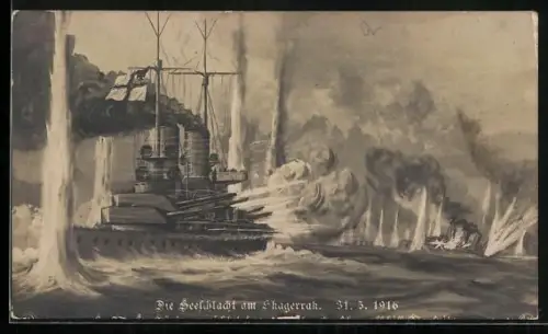 AK Seeschlacht am Skagerrak 1916, Kriegsschiff feuert Breitseite auf den Feind