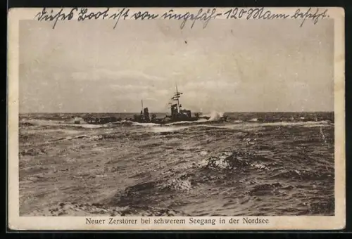 AK Neuer Zerstörer bei schwerem Seegang in der Nordsee, Kriegsschiff