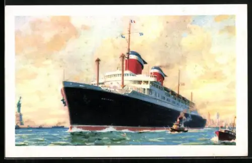 AK New York, Passagierschiff SS America passiert die Freiheitsstatue