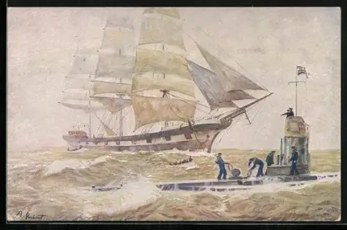 Künstler-AK Deutsches U-Boot versenkt feindlichen Segler