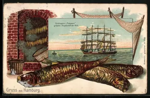 Lithographie Fünfmaster Preussen, grösstes Segelschiff der Welt, Fische