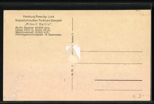 AK Hamburg-Amerika-Linie, Passagierschiff Albert Ballin