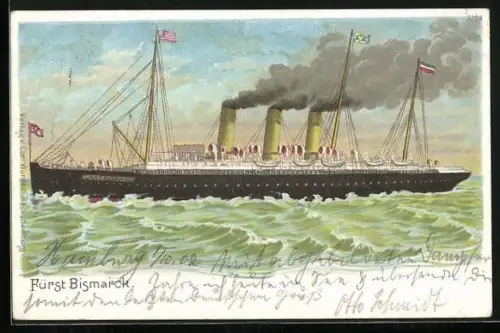 Lithographie Passagierschiff Fürst Bismarck auf hoher See