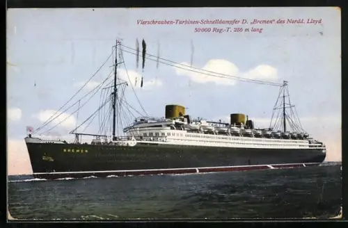 AK Passagierschiff Verschrauben-Turbinen-Schnelldampfer Bremen des Nordd. Lloyd