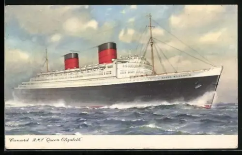 AK Passagierschiff R.M.S. Queen Elizabeth in voller Fahrt, Cunard Line