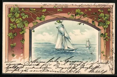 Lithographie Segelboote kreuzen auf dem Meer, Segelsport