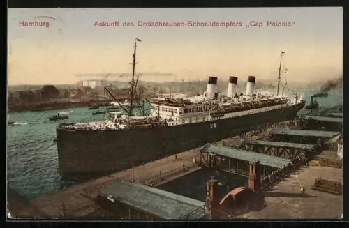 AK Hamburg, Ankunft des Passagierschiffes Cap Polonio an den Landungsbrücken