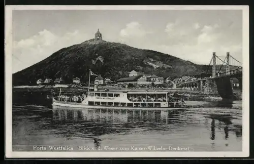 AK Porta Westfalica, Dampfer Porta Westfalica, Blick von der Weser zum Kaiser-Wilhelm-Denkmal