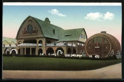 AK Leipzig, Intern. Baufachausstellung mit Sonderausstellungen 1913, Bayerische Bierhalle mit Riesenfass