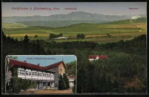 AK Blankenburg /Harz, Hotel und Pension Waldfrieden, Fernblick mit Regenstein