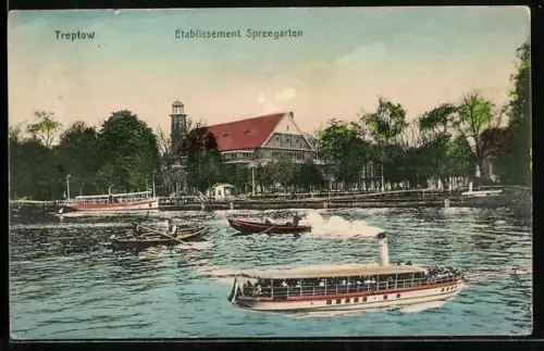 AK Berlin-Treptow, Gasthaus Spreegarten mit Dampfer
