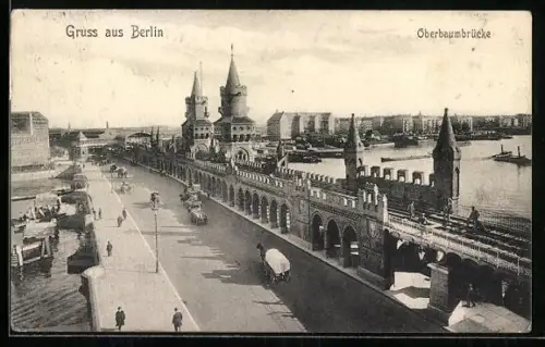 AK Berlin-Friedrichshain, Ortspartie mit Oberbaumbrücke