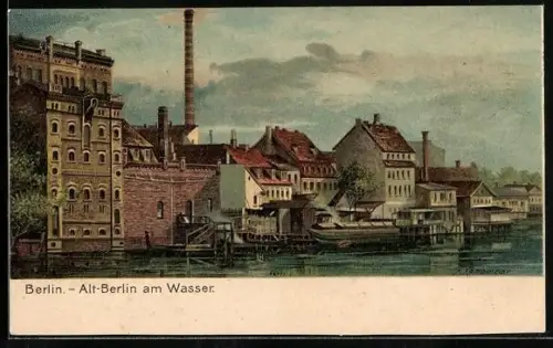 Lithographie Alt-Berlin, Partie am Wasser