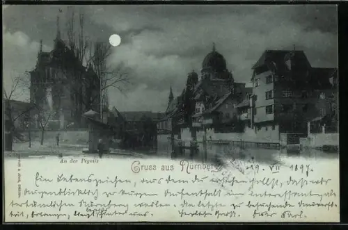 Lithographie Nürnberg, An der Pegnitz mit Synagoge
