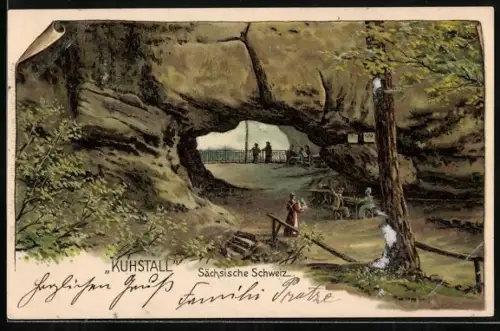 Lithographie Bad Schandau, Kuhstall mit Gästen