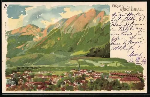 Lithographie Reichenhall, Ortsansicht aus der Vogelschau